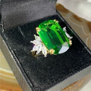 Large Green Stone And CZ Gaudy Ring
